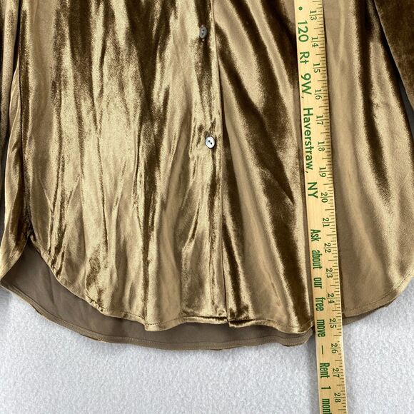 VINCE Top Womens XS Shiny Silk Velvet Shirt Button Front Long Sleeve Gold - Picture 12 of 13
